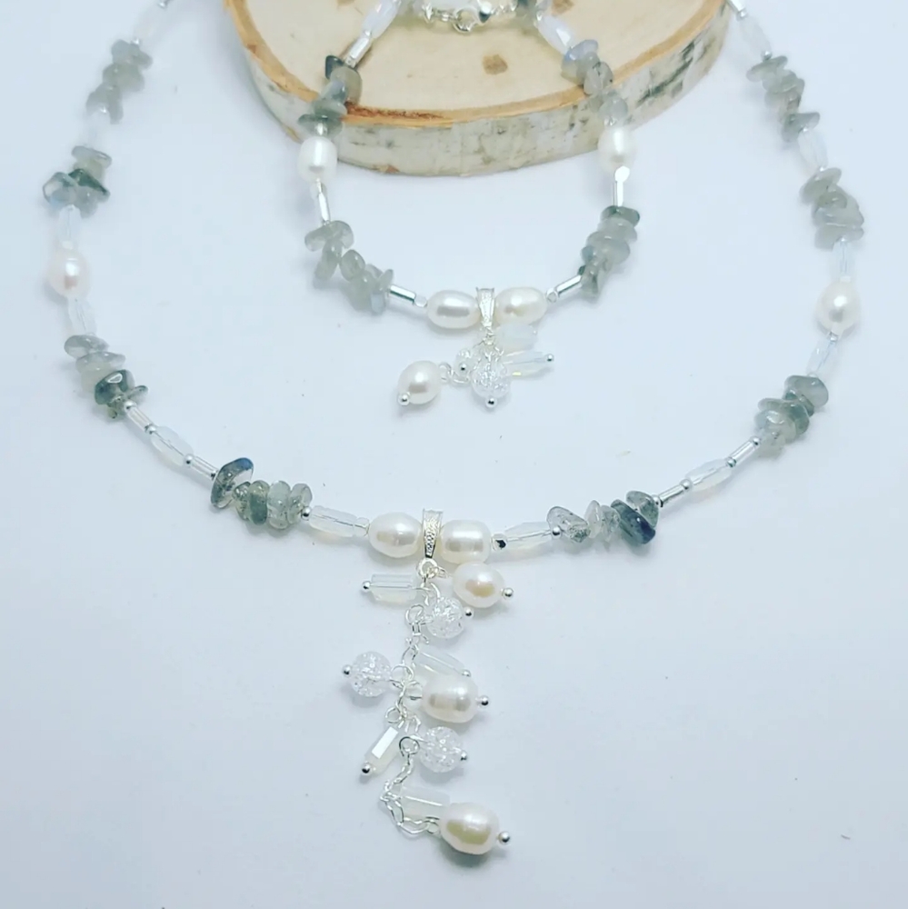 Moonstone, Freshwater Pearl charm necklace and bracelet set